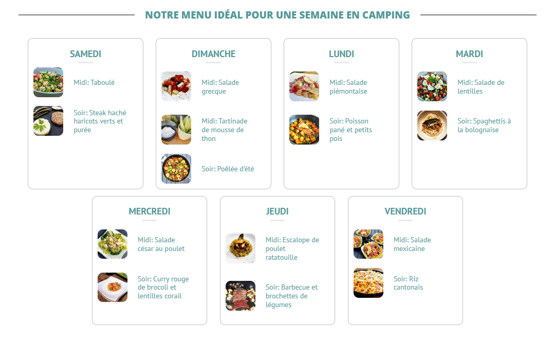 Menu pour une semaine au camping